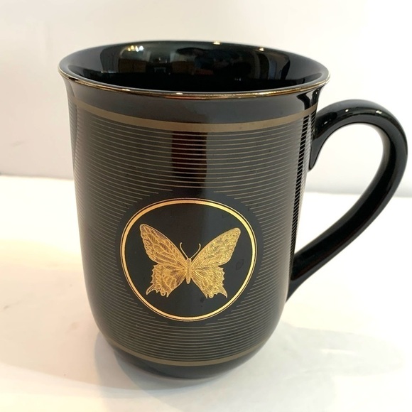 Otagiri Japan Papillon Black Porcelain Coffee Cup Mug Gold Leaf Butterfly - Picture 1 of 5